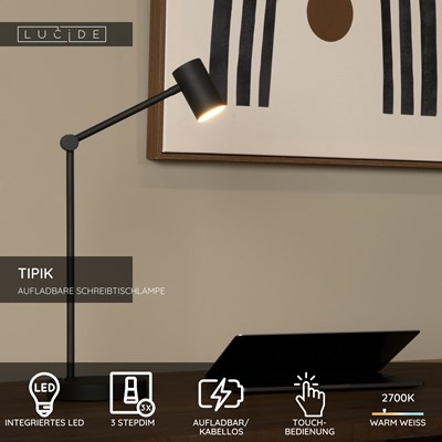 Lucide TIPIK - wiederaufladbare Schreibtischlampe - Akku/Batterie - LED 3 StepDim - 1x3W 2700K - Schwarz